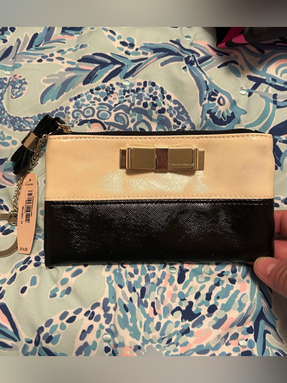 Victoria's Secret Black/Beige Colorblock Zip-Around Wallet Bow Keychain Card